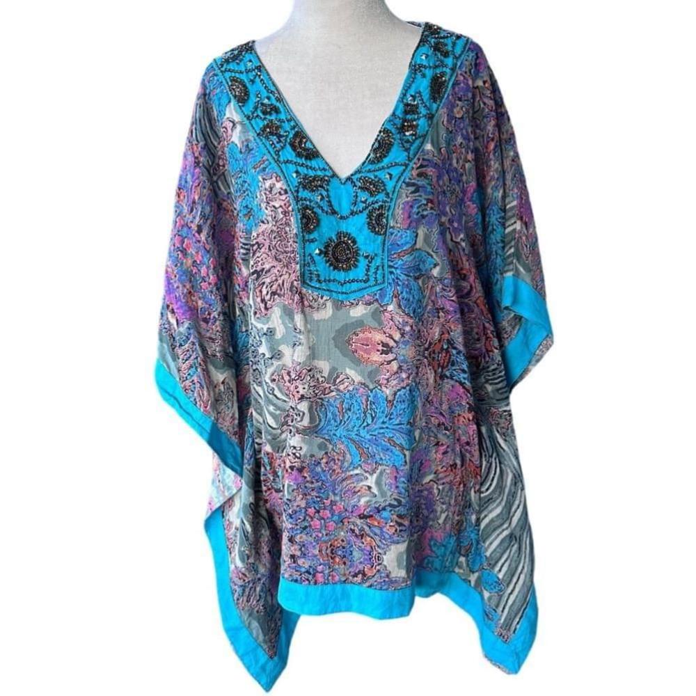 MICKY LONDON 100% Cotton Embellished V-Neck Kaftan Top L